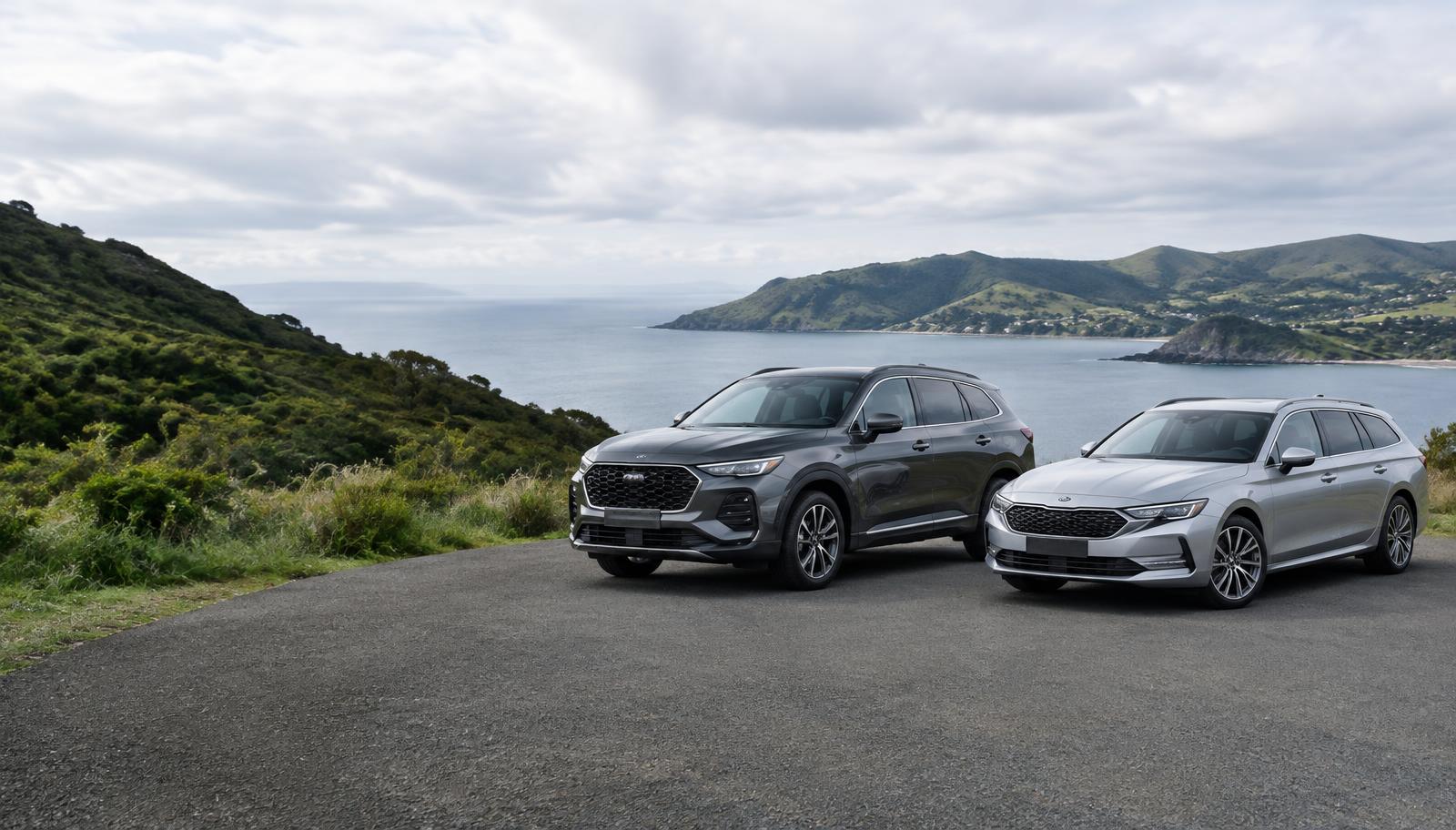 Illustrative vehicles overlooking a New Zealand coastal bay